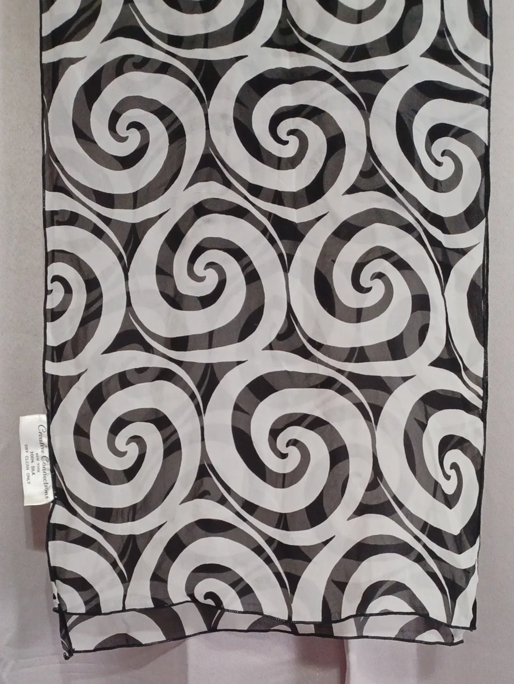 Creative Connections New York Silk Oblong Scarf 66×13 Black White Mod Swirl